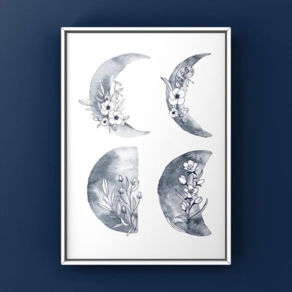 Modern minimalist moon phases & flowers art print